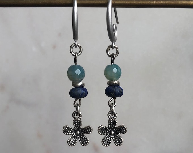 Silver plated earrings with frosted lapis lazuli and green agate beads