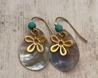 Gilded ear hooks with small turquoise beads, mother-of-pearl drops and matte gilded flowers