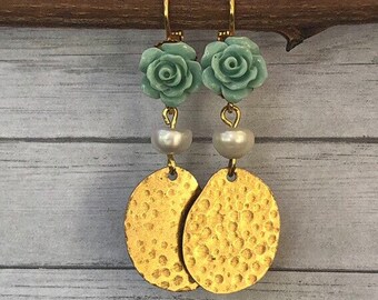 Gold plated earrings with cultivated coral roses, freshwater pearls and gold plated drop charms