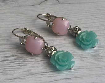 Silver plated earrings with moonstone, coral and Swarovski
