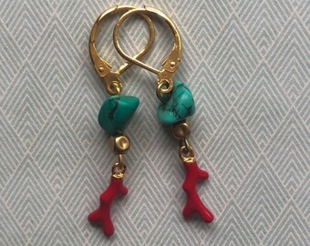 Gold plated earrings with turquoise howlite beads and coral enamel charms