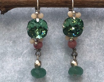 Silver plated earrings with amazonite, rhodochrosite and Swarovski beads