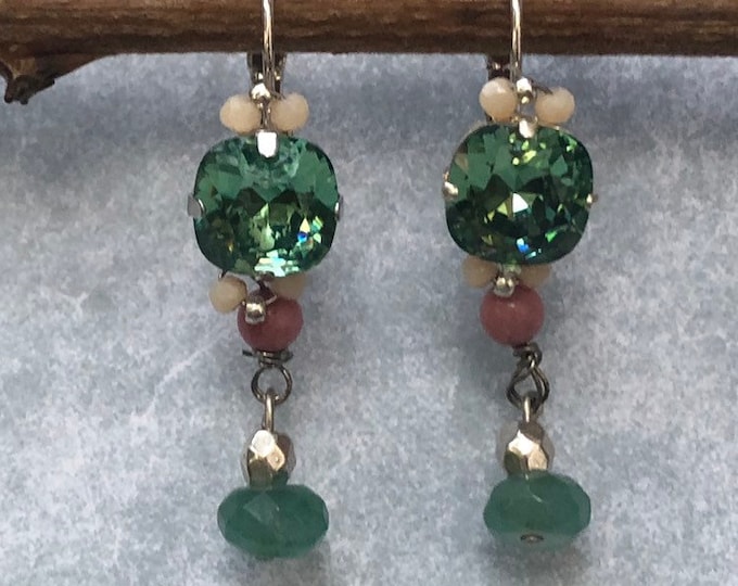 Silver plated earrings with amazonite, rhodochrosite and Swarovski beads 