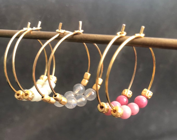 Gold plated hoop earrings with matte gold plated and semi-precious gemstone beads