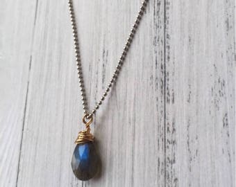 Wire wrapped labradorite on a silver plated necklace
