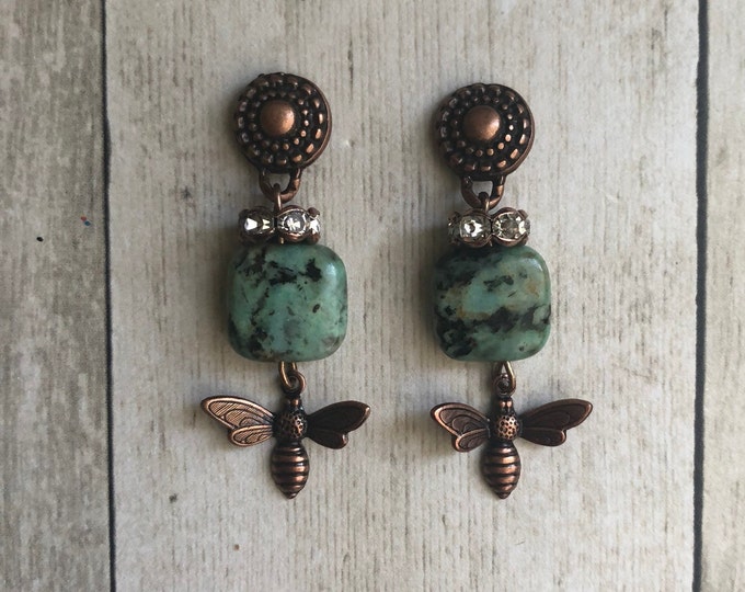 Earrings with African turquoise, Swarovski rondelles and bee charms