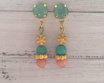 Gold plated earrings with Swarovski crystals, matte gold flowers and green and pink jade beads