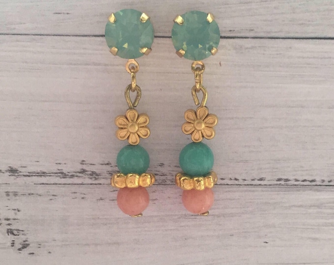 Gold plated earrings with Swarovski crystals, matte gold flowers and green and pink jade beads