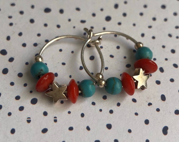 Sterling silver earrings with turquoise and coral beads
