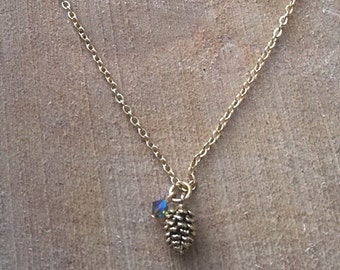 Gold plated necklace with pinecone charm and Swarovski bead