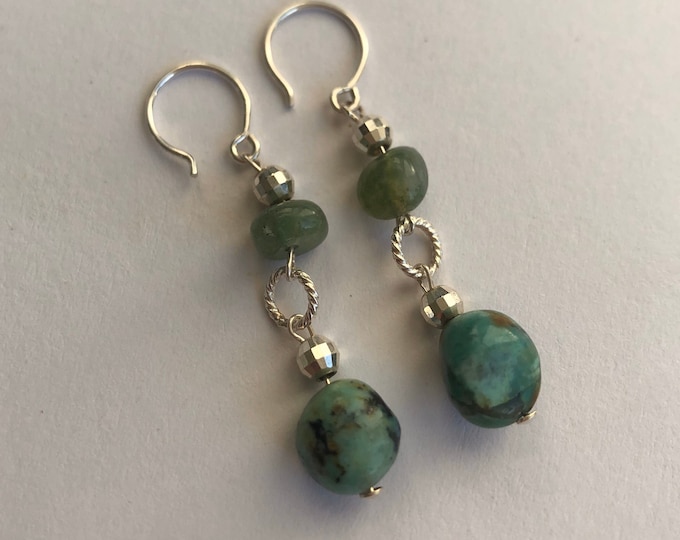 Sterling silver earrings with moss agate and African turquoise beads