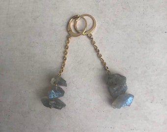 Earrings with chain and unprocessed labradorite