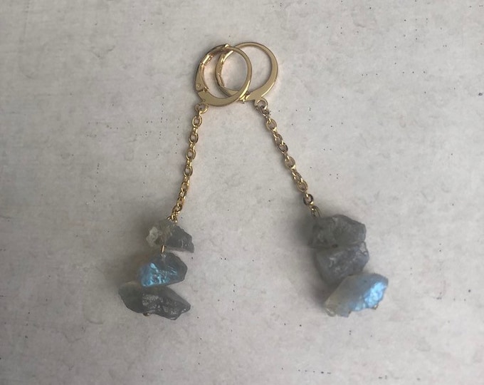 Earrings with chain and unprocessed labradorite