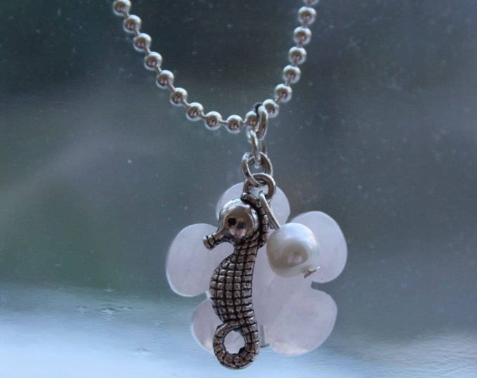Necklace with rose quartz flower, seahorse charm and freshwater pearl