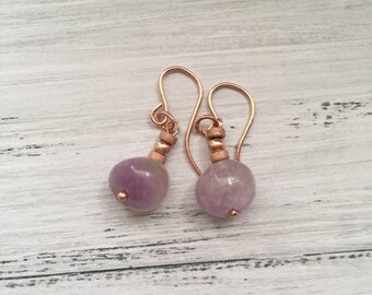 Rose gold filled hook earrings with amethyst stones and small rose gold filled beads