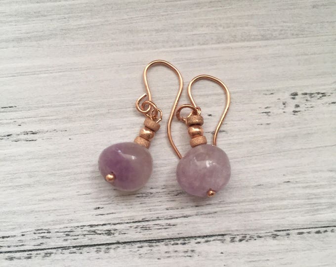 Rose gold filled hook earrings with amethyst stones and small rose gold filled beads
