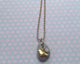 Gold plated ballchain necklace with pebble pendant, bird charm and amazonite bead