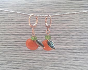 Rose gold gold plated earrings with pumpkins made of orange jade, mother of pearl and peridoot