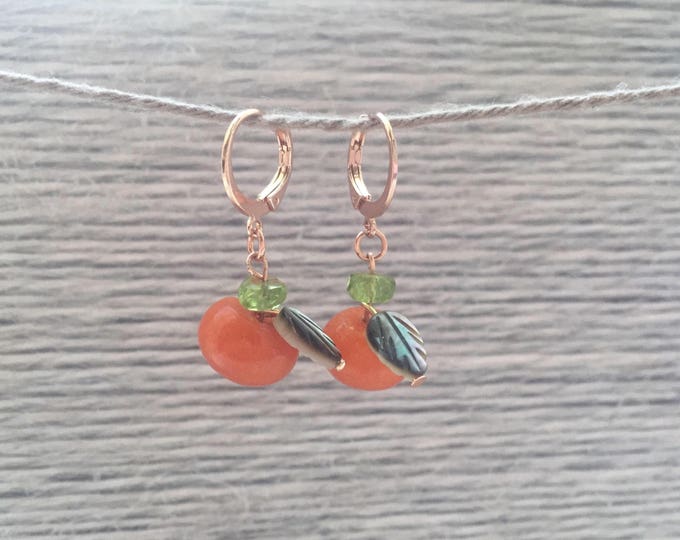 Rose gold gold plated earrings with pumpkins made of orange jade, mother of pearl and peridoot
