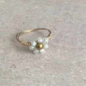 Gold filled wire ring with moonstone and hematite beaded flower