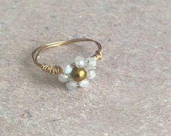 Gold filled wire ring with moonstone and hematite beaded flower