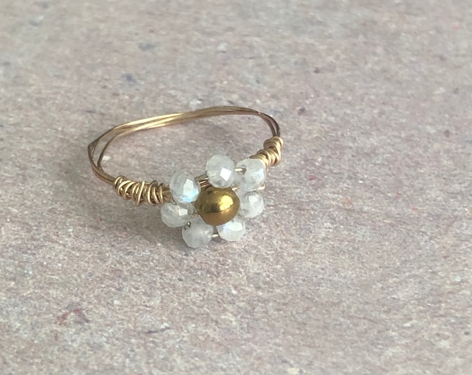 Gold filled wire ring with moonstone and hematite beaded flower