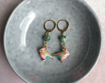Gold plated earrings with turquoise beads and enamel bird charms