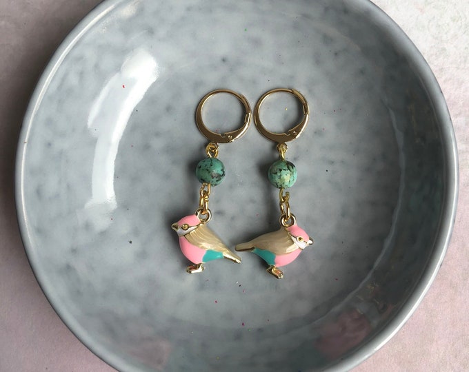 Gold plated earrings with turquoise beads and enamel bird charms
