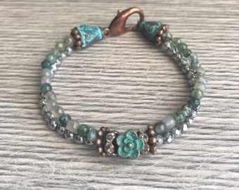 Double row bracelet with moss agate and hematite beads, copper and patina
