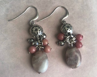 Silver plated earrings with tourmaline, rhodochrosite and hematite beads