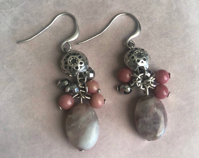 Silver plated earrings with tourmaline, rhodochrosite and hematite beads
