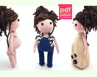 PDF PATTERN : Pregnant MiniYou doll amigurumi with her pregnancy crochet dress and overalls