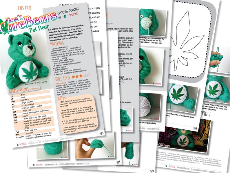 PDF pattern : Don't Care Bear amigurumi plush - marijuana crochet pattern - Weed Carebear plushie crochet pattern + Marijuana leaf pattern image 4