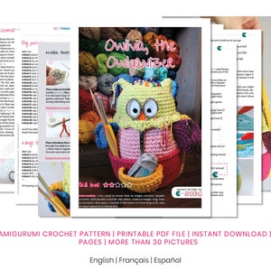 May include: A crochet pattern for making an owl-shaped organiser. The pattern includes instructions and pictures for crocheting the owl, which has a pink, green and yellow colour scheme. The pattern is titled "Owlivia, the Owlganizer" and is available for instant download.