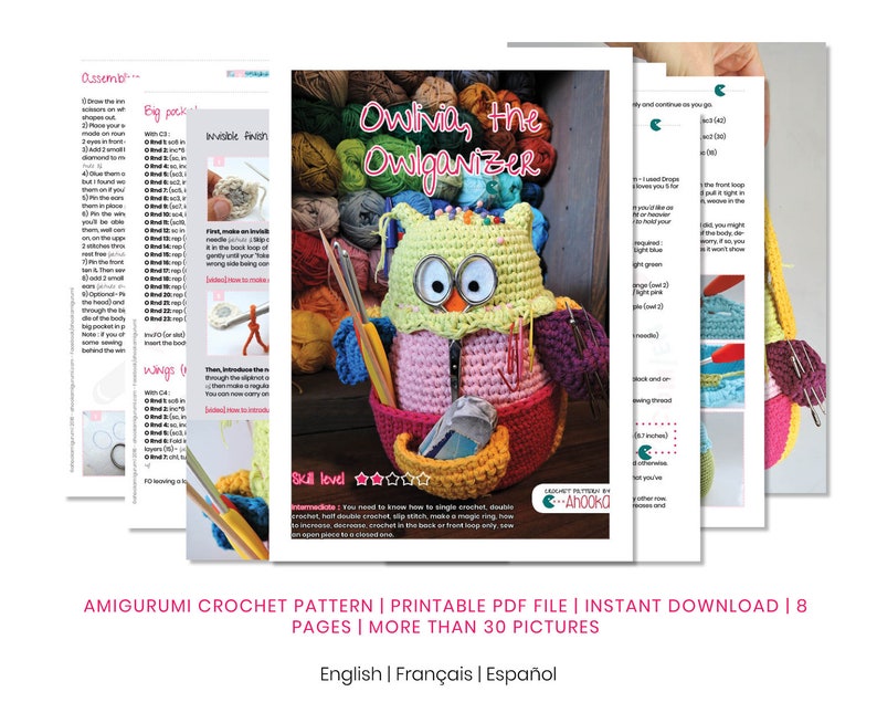 May include: A crochet pattern for making an owl-shaped organiser. The pattern includes instructions and pictures for crocheting the owl, which has a pink, green and yellow colour scheme. The pattern is titled "Owlivia, the Owlganizer" and is available for instant download.