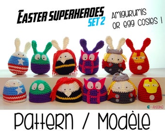 PDF PATTERN : SET2 - 6 Easter superheroes amigurumis and egg cosy Easter crochet pattern Easter eggs cozy crochet pattern Easter amigurumis