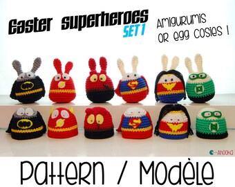 PDF PATTERN : SET1 - 6 Easter superheroes amigurumis and egg cosy Easter crochet pattern Easter eggs cozy crochet pattern Easter amigurumis