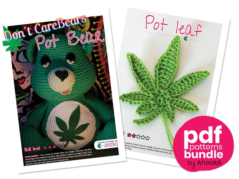 PDF pattern : Don't Care Bear amigurumi plush - marijuana crochet pattern - Weed Carebear plushie crochet pattern + Marijuana leaf pattern image 1