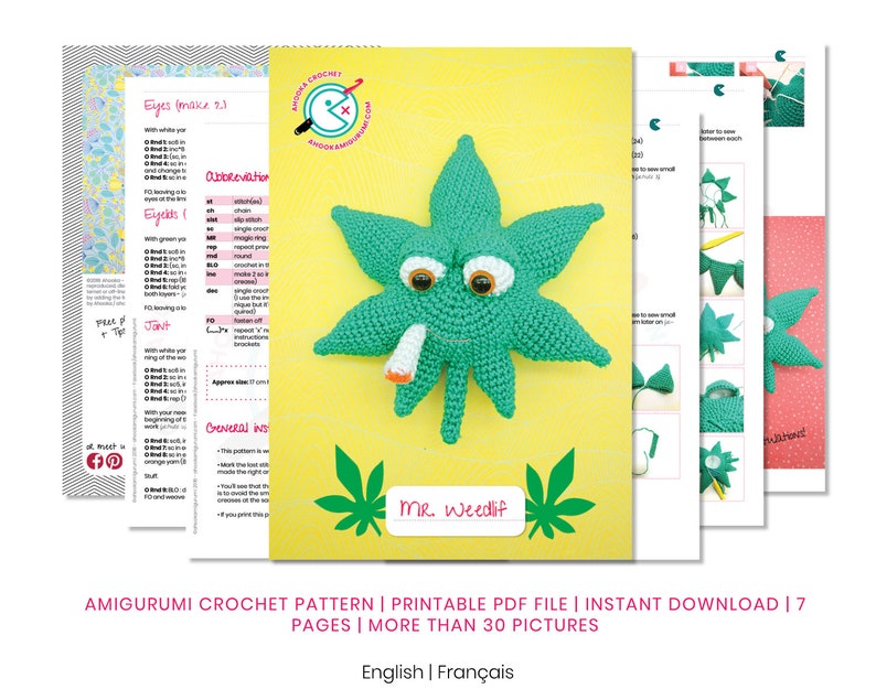 PDF PATTERN : Mister Weedlif, a weed leaf amigurumi - marijuana crochet pattern image 2