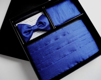 Royal blue silk cummerbund, bow tie and pocket square set