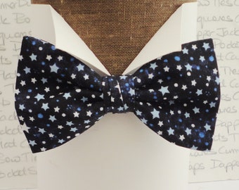 Bow Ties for Men, Stars Print Bow Tie, Blue Star on Black, Trending Ties