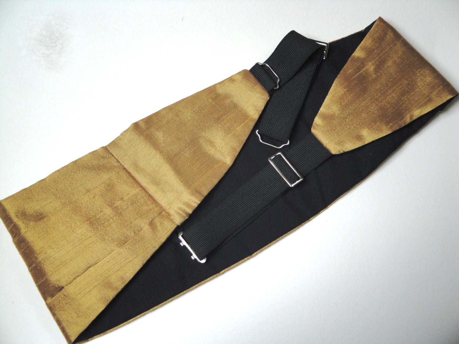 Cummerbund , bow tie and pocket square set in gold silk dupion, wedding