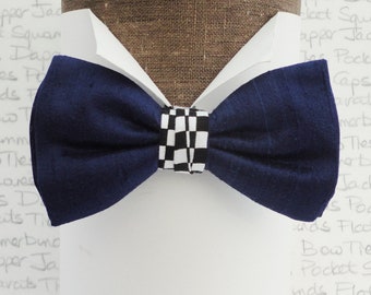 Navy Blue Silk Bow Tie With a Chequered Centre Trim, Bow Ties For Men