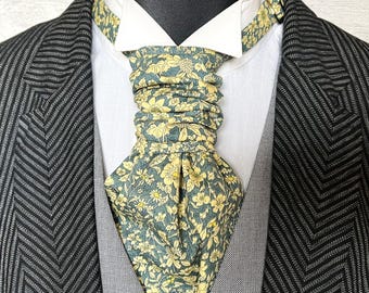 Scrunchie Wedding Cravat, Aqua and Lemon Floral Cotton Pre Tied Cravat