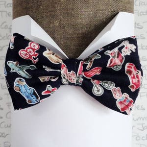 Boys bow tie, bow ties for boys, toys print on a navy background