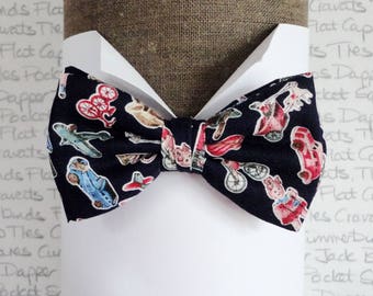 Boys bow tie, bow ties for boys, toys print on a navy background
