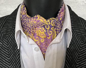 Reversible Cravat, Purple and Yellow Bali Batik Cotton with Purple and White Spot Fabric on the Reverse Side, Ascots for Men