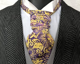 Scrunchie Wedding Cravat, Yellow and Purple Bali Batik Cotton Pre Tied Cravat