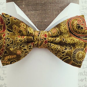 Puede incluir: Una pajarita marrón con un patrón de paisley en tonos dorados, rojos y negros.