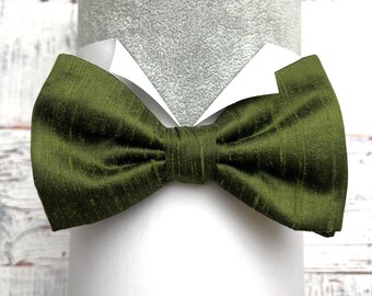 Olive Green Silk Dupion Bow Tie, Pre-Tied or Self-Tie
